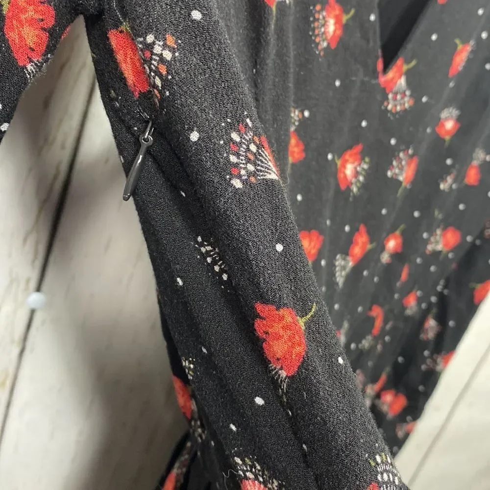 Free People Black Red Floral Long Sleeve Mini Dress Deep V Neck Boho Romantic